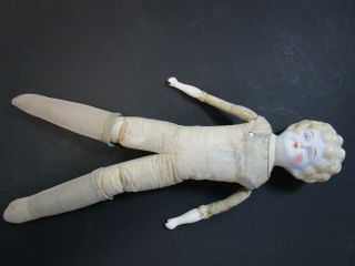 Antique China Head Kid Leather Body Doll With Blue Eyes China Forearms