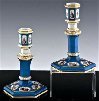 Exquisite Pair 19thc Continental French Celeste Bleu Enamel Scenic Candlesticks