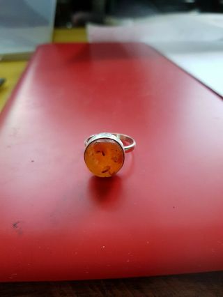 Vintage Antique Silver Amber Ring.  Hall Marked.  Size R.  & Old.