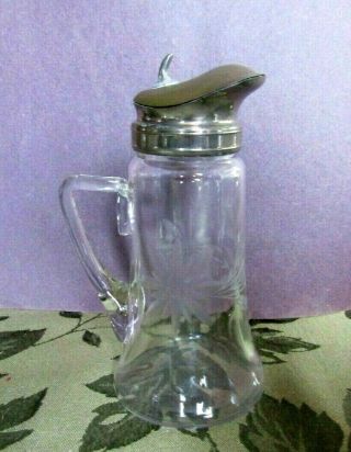 Antique Vintage Etched Glass Syrup Cream Pitcher With Pewter (?) Top