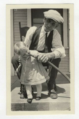 Vtg Photo Small Girl Drinking Water From Hose Grandfather Antique Found Art R16