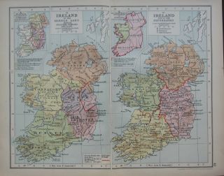 1911 Map Ireland Middle Ages English Plantation Norman Familes Reformation