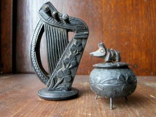 Bog Oak Victorian Carved Harp,  Pig On Cauldron Ornaments Miniature