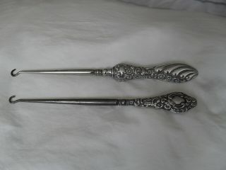 2 Antique Solid Silver Handled Button Hooks Hallmarked 1897 And Chester 1906