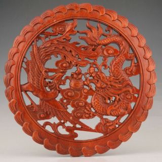 China Wood Handmade Hollow Carving Dragon Phoenix Plate Auspiciou Collec