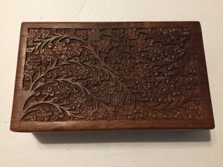 Vintage Hand Carved Brown Wood Trinket Box Sarna India