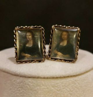 Vintage Goldtone Mona Lisa Cufflinks,  23x19mm,  Twisted Rope Frames