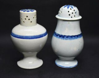 Creamware Pepper Pots Pair Spice Shakers Blue Feathered Staffordshire C.  1815