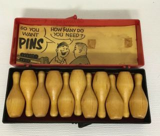 Vintage 11 Wooden Bowling Pin Set Miniature Box Gag Gift Asked To Give Dollhouse