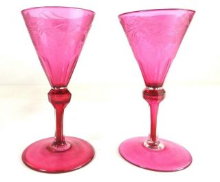 Pair Antique Cranberry Wine Glasses Engraved Bowl Stevens & William Stourbridge