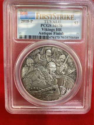 Tuvalu 2018 - P $2 Vikings 2oz.  9999 Silver High Relief Antique Finish Pcgs Ms - 70