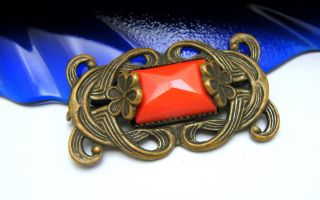 Vintage Art Nouveau Pin Brooch Old C Clasp Red Glass Antiqued Gold Tone