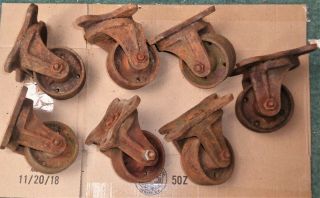 7 Matching Antique Cast Iron Industrial Nutting Caster Cart Wheels Steampunk