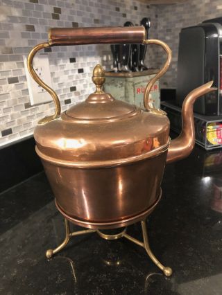 Antique English Tea Kettle On Stand Brass & Copper Victorian/edwardian Era