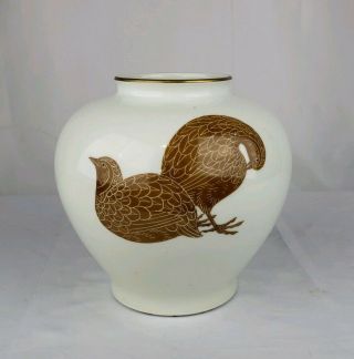 Fine Japanese Arita Fukagawa Porcelain Vase With Birds And Orchid Mark Gilt Rim