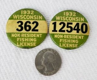Pinbacks 1932 Wisconsin Non Resident Fishing License Pair Celluloid Pins Fishing