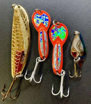 Vintage Fishing Spoons (4) Assorted.  Side - Winder,  2 - Loco 2,  K.  O.  Wobbler