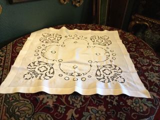 Vintage White Cotton Cutwork Embroidered Table Cloth.