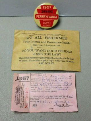 Vintage 1957 Pa Pennsylvania Fishing License W/ Envelope & Paper