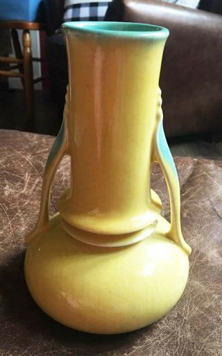 Antique Vintage Art Pottery Yellow & Teal Blue Glossy Art Deco Vase 7.  5in
