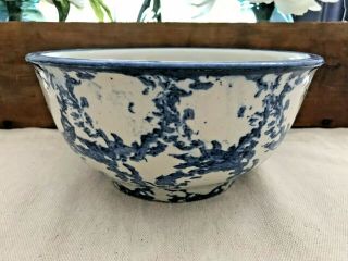 Antique Blue & White Sponge Ware Stoneware 9 " Bowl Gorgeous Pattern