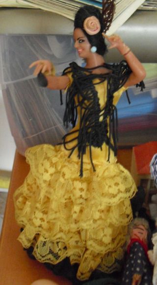 Vintage 1960s Plastic Marin Flamenco Dancer In Yellow Girl Doll 7 " Tall