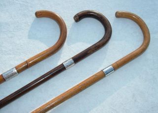 3 X Antique Wooden Crook Handled Walking Sticks Canes With Silver Collars