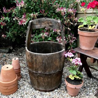 Vintage French Wooden Bucket Rustic Water Pail Well Bucket Garden Plant Pot