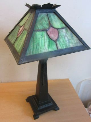 Antique Arts & Crafts Slag Stained Glass Table Lamp Signed " R& " For Repair