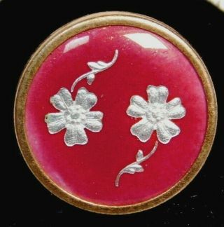 Antique Vtg Button Deep Rose Pink Enamel W Silver Foil Flowers Under Glass 5/8 J