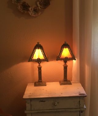 Antique Slag Glass Lead Table Lamps Made By Art Metal