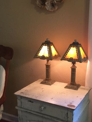 Antique Slag Glass Lead Table Lamps Made By Art Metal 6