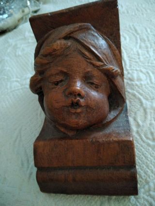 Stunning Antique Cherub Angel Putti Head Face Carved In Wood Wall