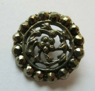 Dazzling Antique Vtg Victorian Metal Picture Button Flowers & Cut Steel Rim (c)