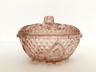 Antique Vintage Pink Depression Glass Candy Dish With Lid,  Roses In Hearts