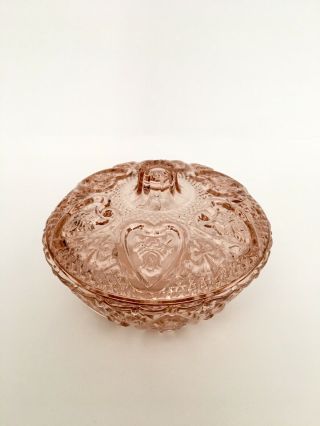 Antique Vintage Pink Depression Glass Candy Dish with Lid,  Roses in Hearts 2