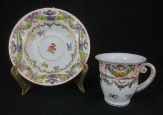 Antique Capodimonte Italy Demitasse Cup & Saucer Hand Painted Armorial Crest