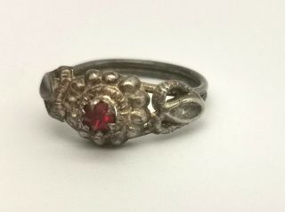Antique Silver Tone Ring With Red Stone - Metal Detecting Find