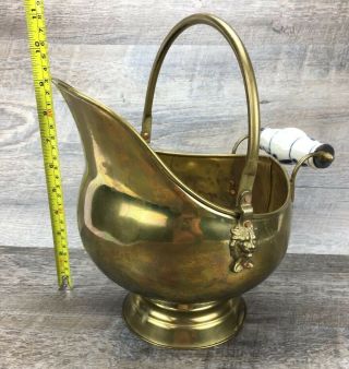 Vintage 10” Brass Coal Ash Scuttle Bucket Porcelain Handle Lion 