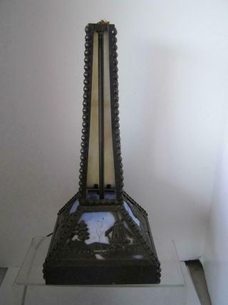 Antique Arts & Crafts Era Mission Slag Glass Windmill Cabin Scene Lamp RARE 8
