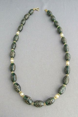 Antique Pearl Oval Pitted Carved Dark Green Glass Bead Choker Necklace