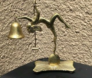 Vintage Brass Art Deco Nude Female Holding Bell And Clapper