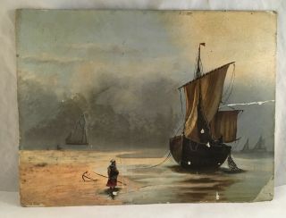 Antique Victorian Oil On Board Art Painting Dutch Harbor Boat Ship Maritime