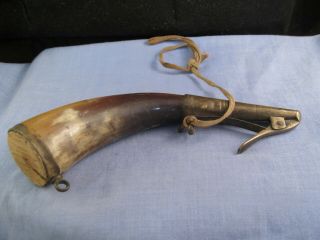 Antique Buffalo Horn & Brass Military Dispensingpowder Flask