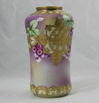 Antique Hand Painted Nippon Grape & Heavy Gold Overlay Vase 8.  5 " Japan