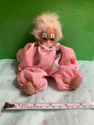 Creepy Clown Doll 8 In.  Pink Vintage Fabric Face Stuffed With Q - Tee Clown