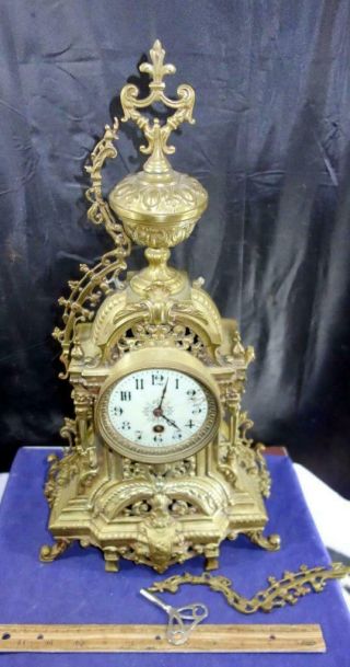 & Fancy Antique Gold Gilt Bronze Tall Mantle Clock French Paris Repair