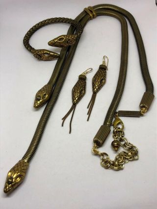 Jan Michaels Antiqued Brass Snake Lariat Necklace,  Wrap Bracelet & Earrings