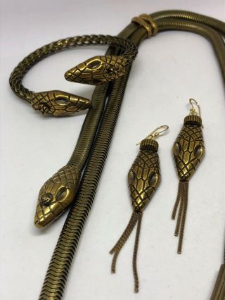 Jan Michaels Antiqued Brass Snake Lariat Necklace,  Wrap Bracelet & Earrings 2
