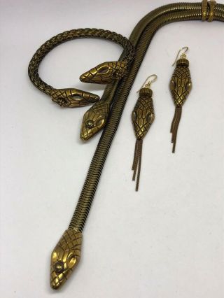 Jan Michaels Antiqued Brass Snake Lariat Necklace,  Wrap Bracelet & Earrings 3